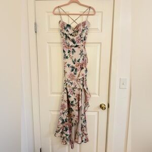 Dress Forum Emma Midi Ruffle Slit Asymmetrical Floral Dress in Cream and Pink